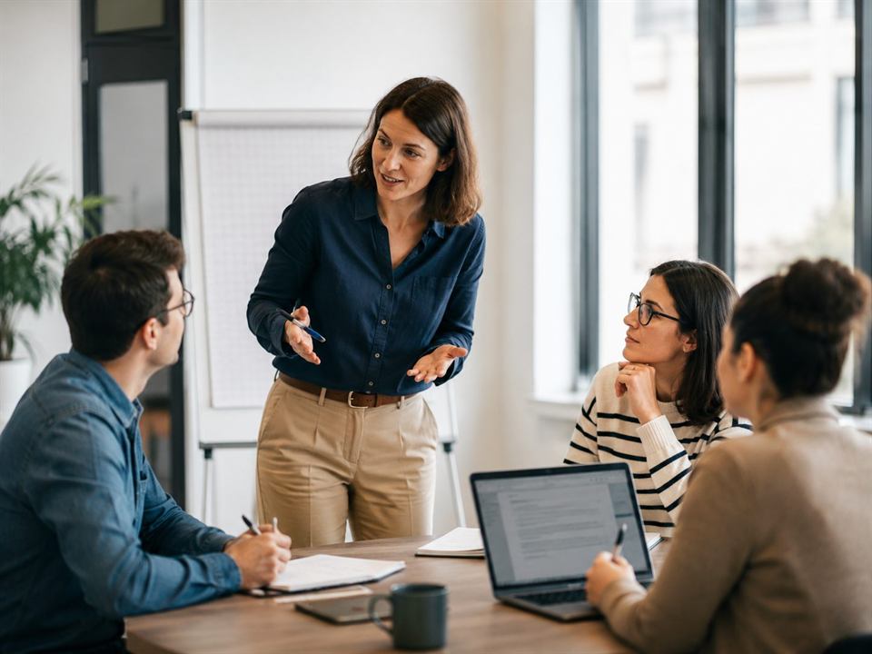 Une formatrice échange avec des participants autour d’une table de travail