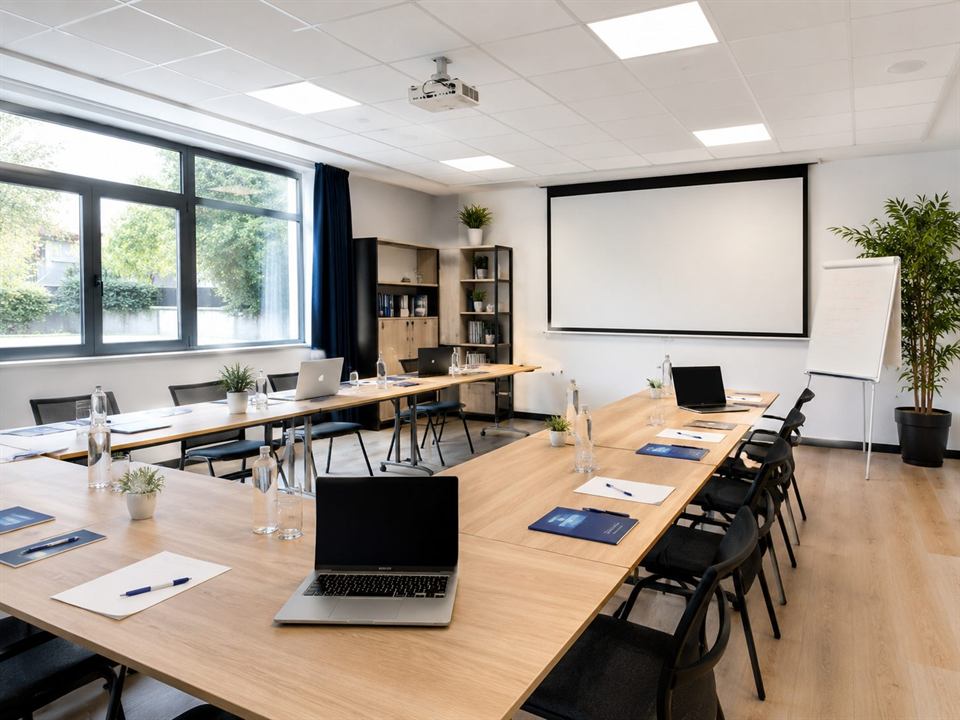 Salle de formation préparée : tables en U, ordinateurs portables et écran de projection